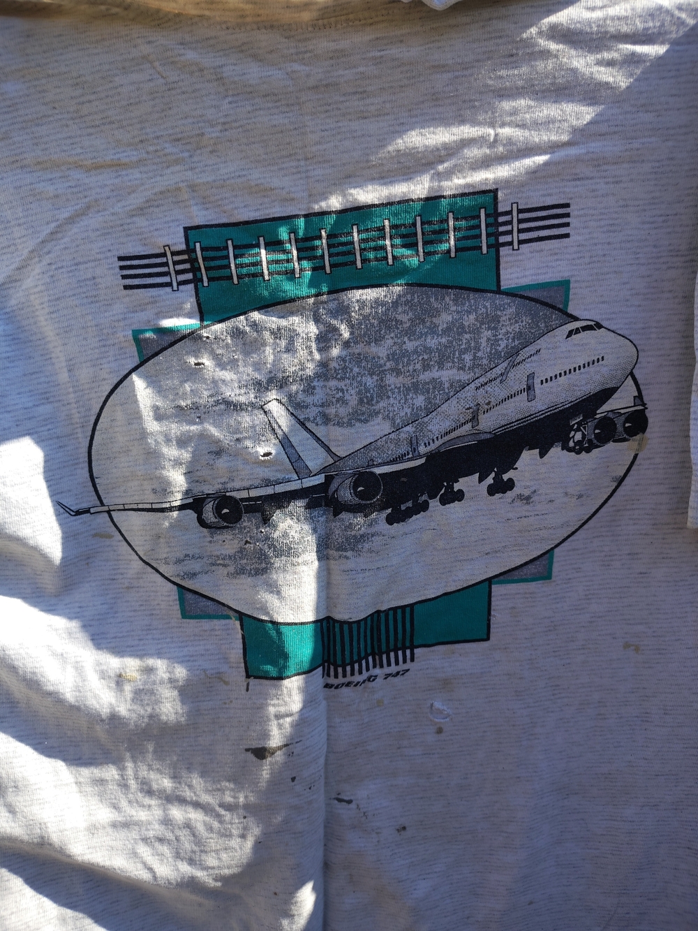 Men's Short Sleeve Airplane Graphic Tee in Teal and Light Gray Vintage